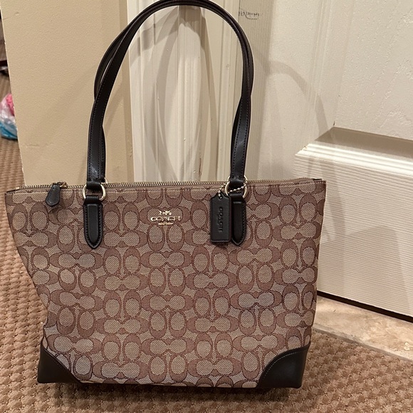 Coach Handbags - Coach Brown Signature Canvas Tote with Dark Brown Trim